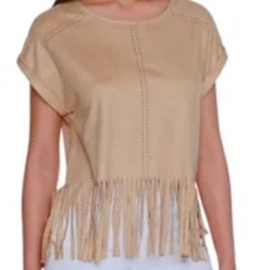 Romeo and Juliet Couture Western Fringe Women’s Tan Faux Suede Cowgirl Top